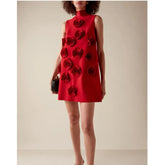 2024 Women summer new red stand up collar lace up flower design sleeveless three-dimensional flower dress elegant fashion party